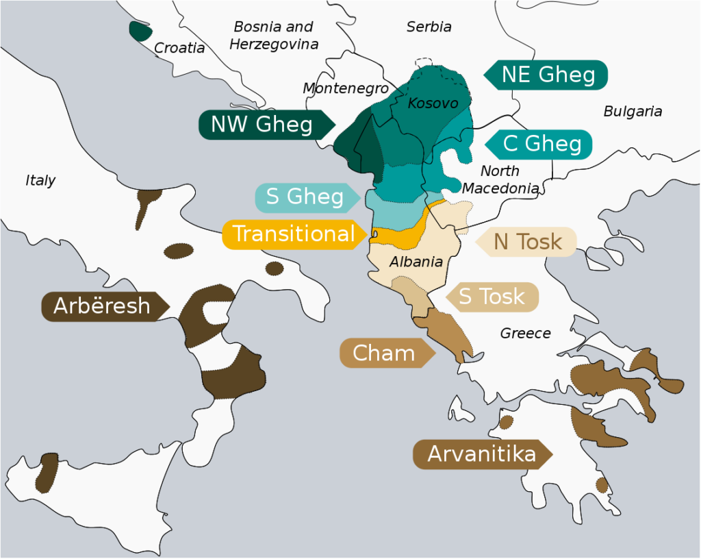 Map of the Albanian language and its dialects - Gheg and Tosk Variations, and Arberesh, Arvanitika
