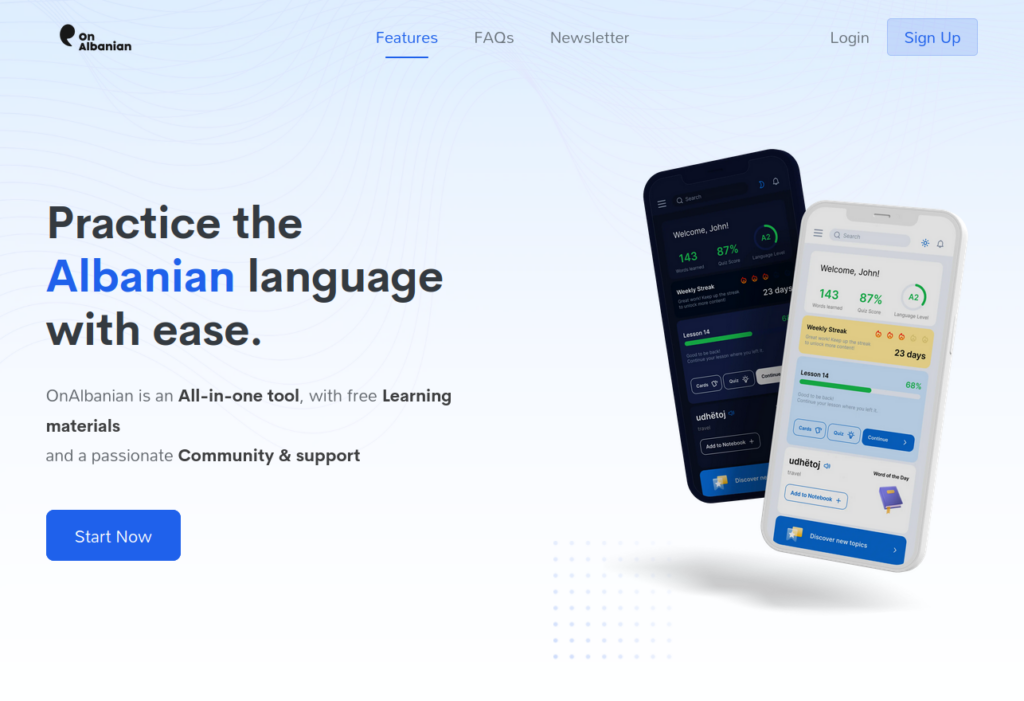 Screenshot of the website onAlbanian.com to learn the Albanian language